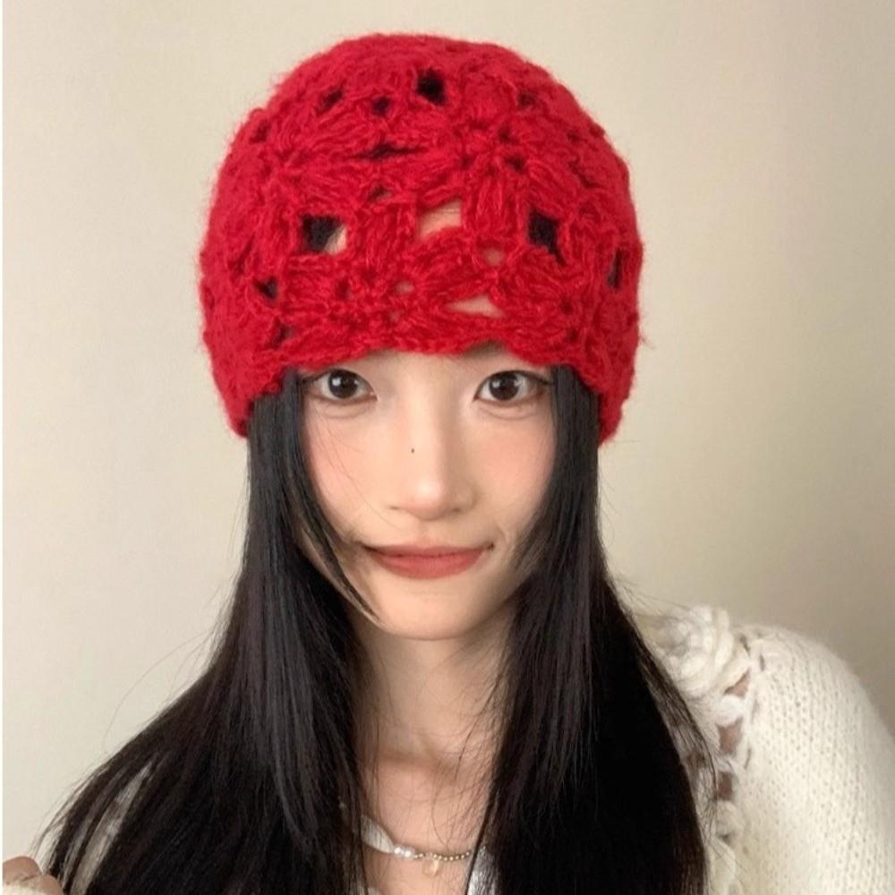 Hollow Knitted Pullover Hat Solid Color Beanies Cap Cute Crochet Flower Hat  Girls