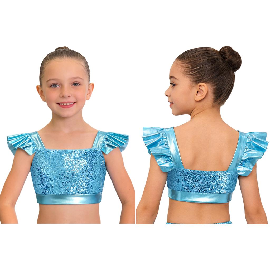 Dětské dívčí topy na jazzový tanec Čtvercový výstřih Volánkové rukávy Třpytivý flitrovaný metalický crop top