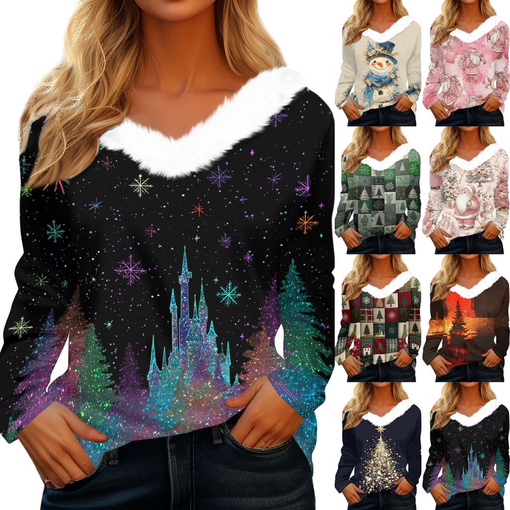 Long Sleeve Shirts For Women Cute Tops Christmas Prints Tees Blouses Casual Plus Size Basic Tops Pullover
