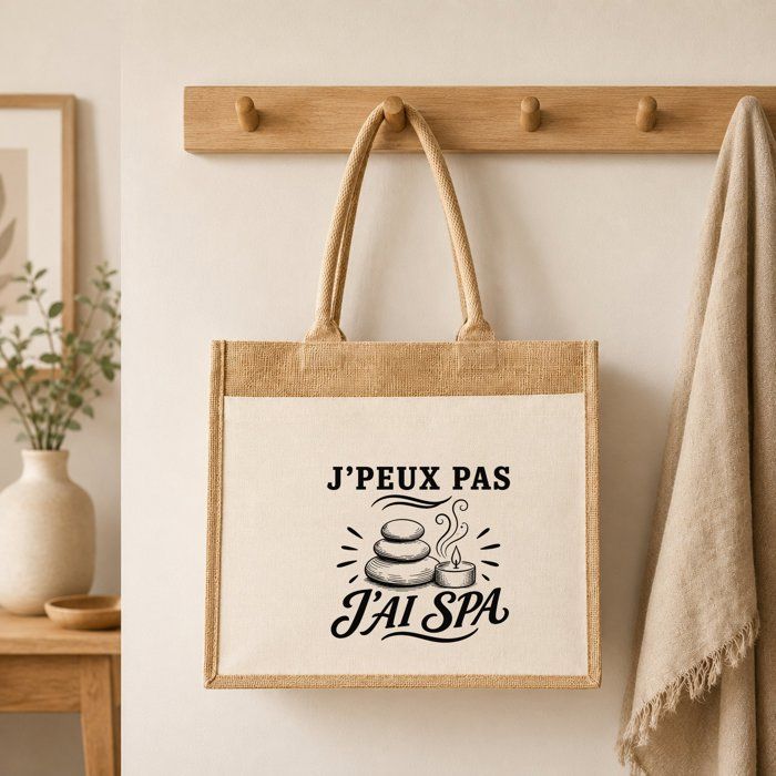 Sac cabas - PLANETEE - J'peux pas j’ai Spa minimaliste - toile jute & coton - 21 L - Beige/illustration noire