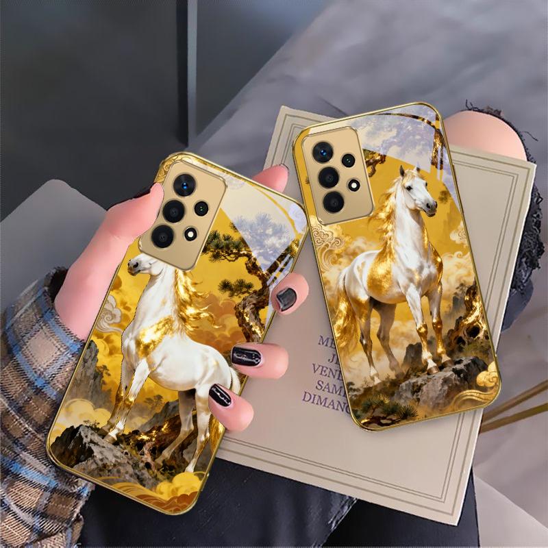 tall and sturdy horse For Samsung A 01 52S A04 A05S A10 A12 A13 22 23 24 36 42 M02 Note 10 20Ultra 8 9 Golden glass phone case