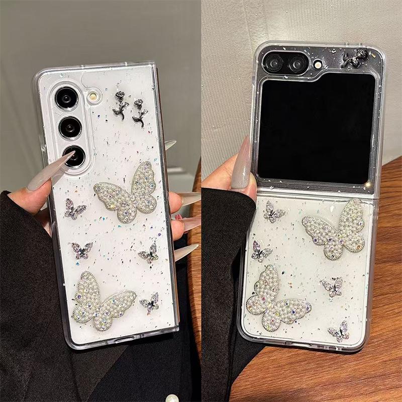 

Glue Pearl Butterfly for Samsung Zflip7 Mobile Phone Case Zflod6 Folding Flip Glitter Flower Female New Model For Samsung ZFold7