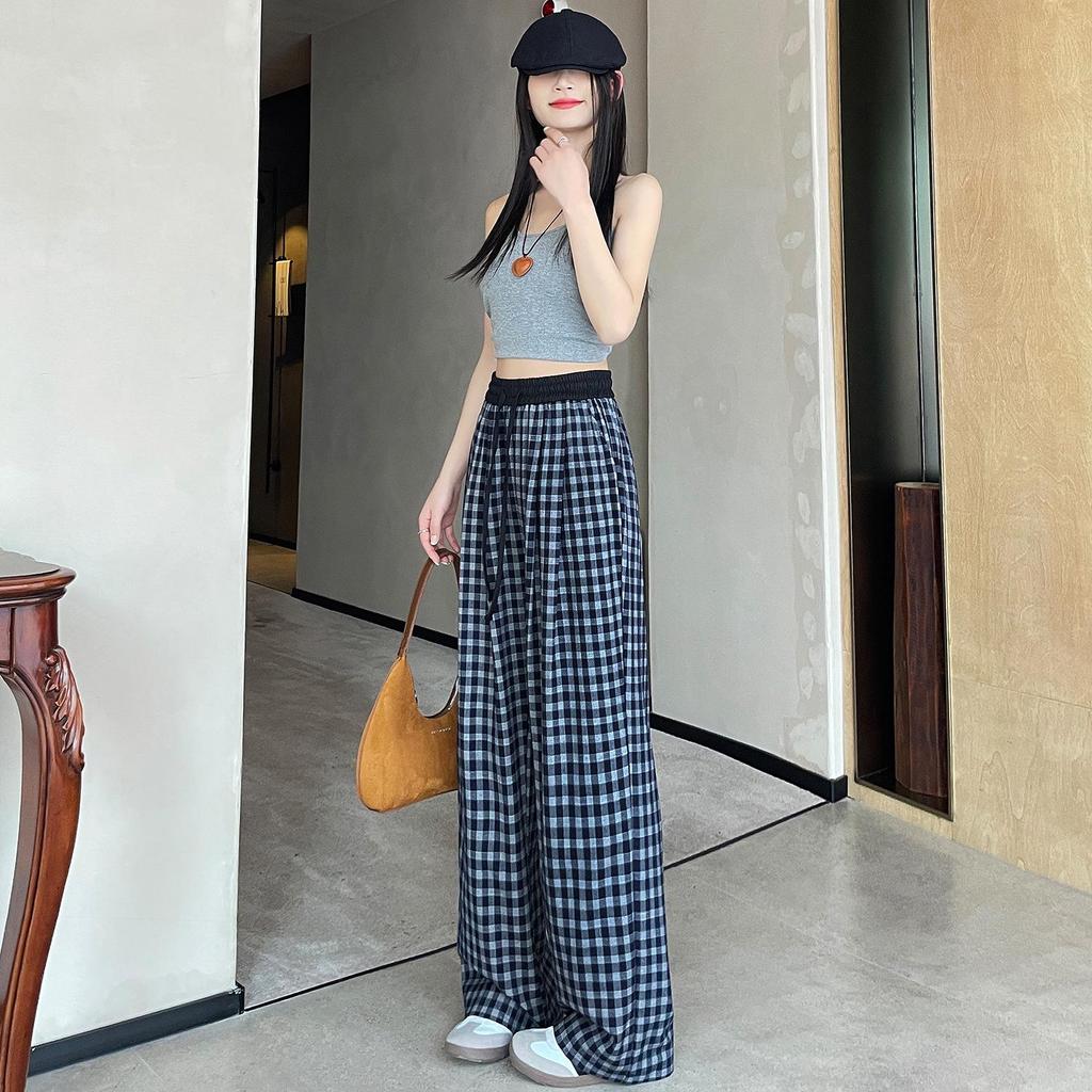 Retro Blue Plaid Wide-Leg Pants - Spring/Summer 2026 Collection, Lazy Style, Drapey Straight-Leg Casual Pants
