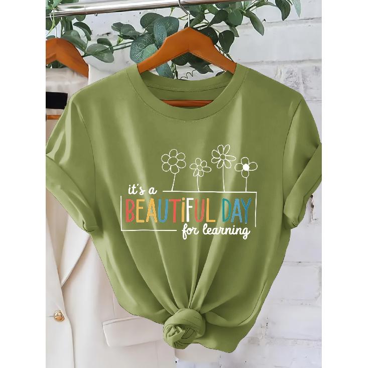 Women's Fresh Study-Style Printed Short Sleeve Shirt Beautiful Day Learn the Japanese round neck style T Shirt Elegant party holiday casual