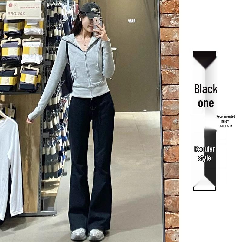 Petite Women's High-Waist Dark Grey Micro-Flare Sweatpants (150cm) - American Style, Spring/Autumn