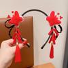 Red Flower Tassel Headband Pearl New Year Headwear Cute Hanfu Wig Headband  Children