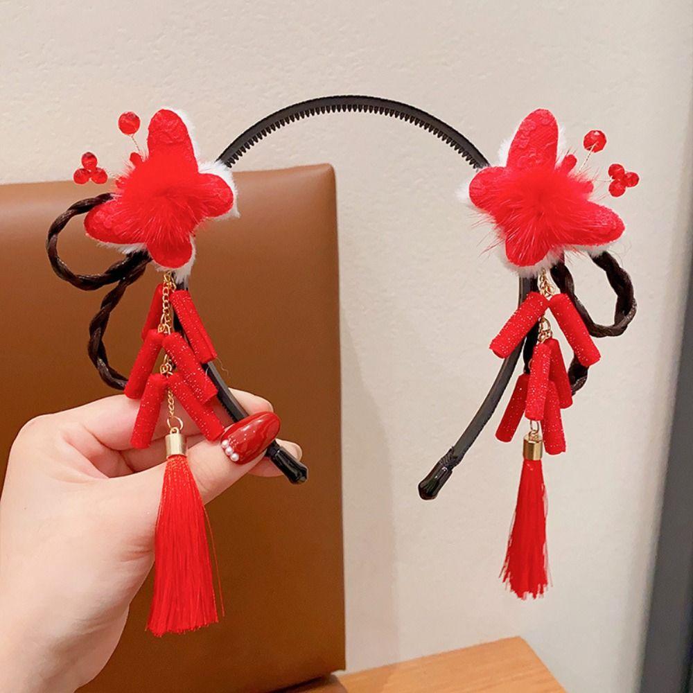 Red Flower Tassel Headband Pearl New Year Headwear Cute Hanfu Wig Headband  Children