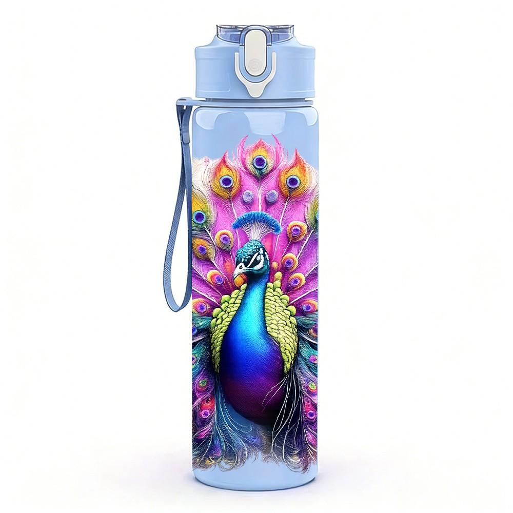 1PC Peacock Feather Colorful Art Print 750ml Color Plastic Sports Water Bottle Leakproof Flip Straw Lid Suitable for Sports Office Home Use