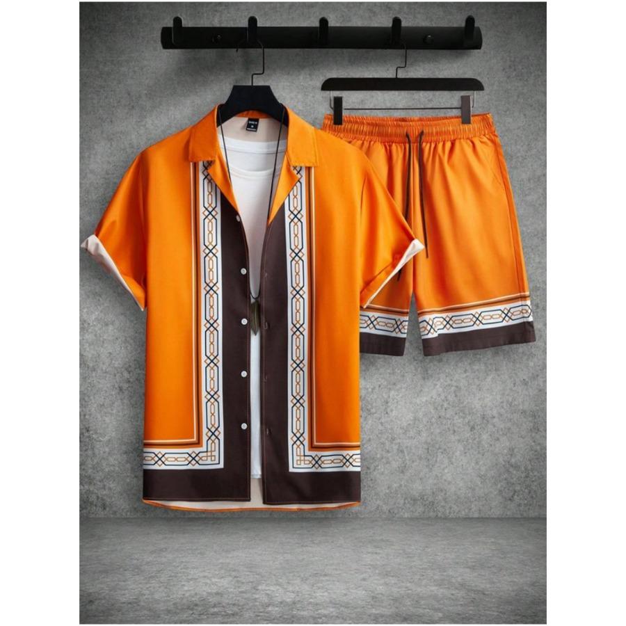 Casual Fashion Men's Short Sleeve Shirt Summer Short Sleeve Shirt and Beach Shorts Men's Set