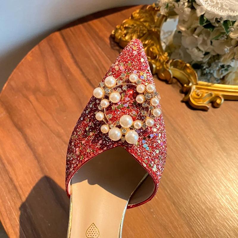 Fashion New Thin Heels Bling Glitter Pumps Women Fahsion Pearl Buckle High Heels Shoes Woman Pointed Toe Ankle Strap Wedding Party Shoes