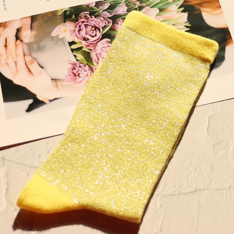 Fashion women's shiny solid color high quality combed cotton socks gold and silver thread soft and comfortable woman socks