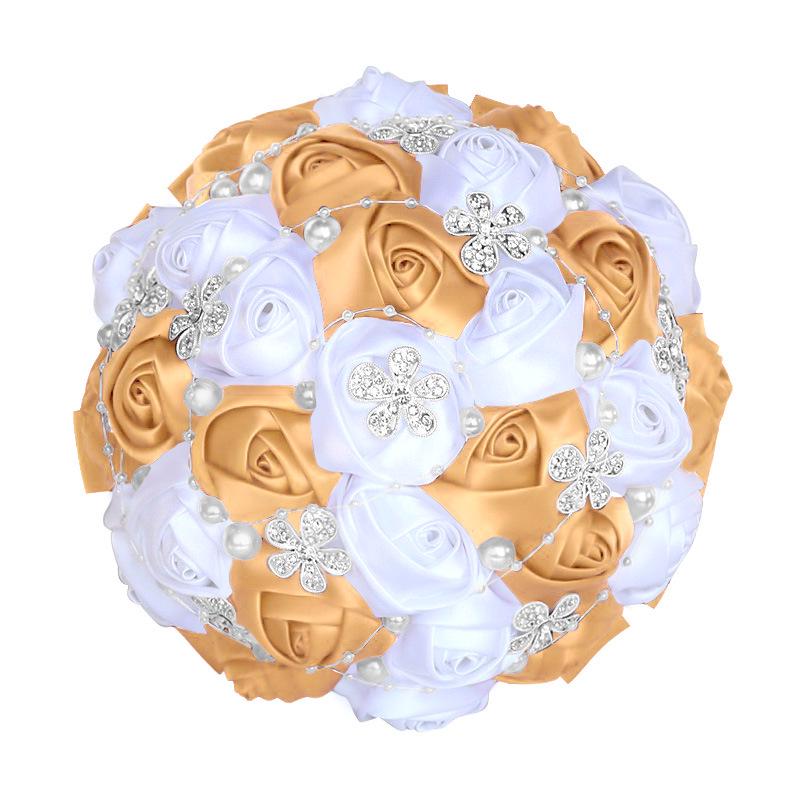 European & American Elegant Ribbon Flower Bridal Bouquet – Beaded Five-Flower Design