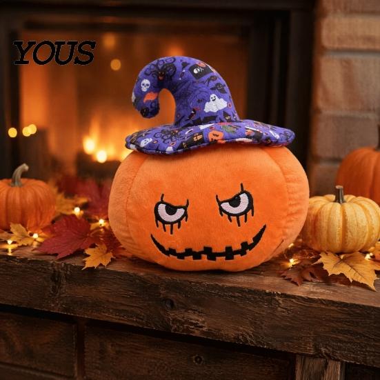 Decorative Pumpkin for Sofa Halloween Plush Toy, Cute Wizard Hat Stuffed Animal Pillow Soft Polyester Figure Bed, Spooky Home Decor Ornament Party And