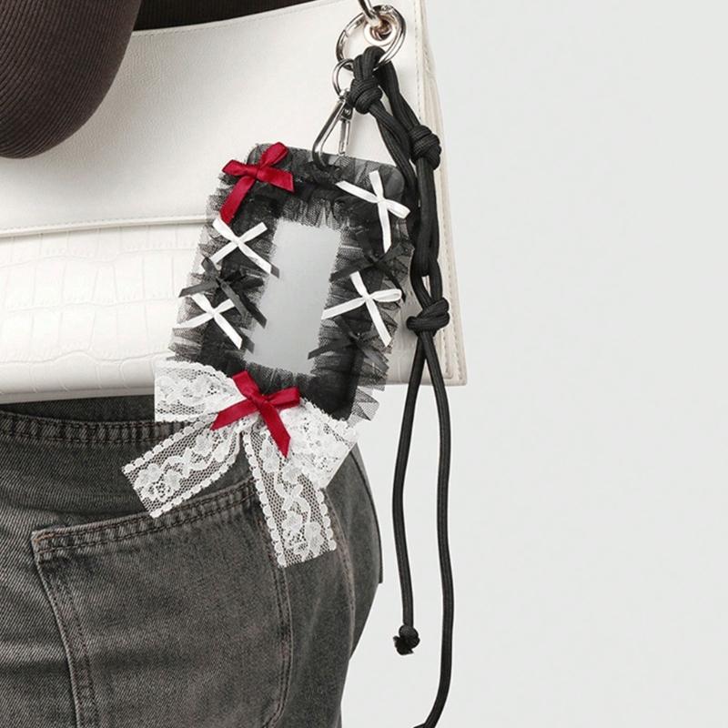 Elegant Badge Holder Gothic Bowknot Keychain Beaded Lace Card Charm Accessory Alternative Fashion Keyring