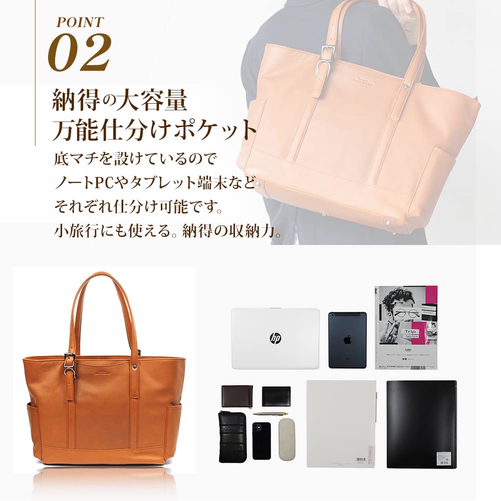 Joya Men's Genuine Leather Tote Bag, Large Capacity, Horizontal Business Bag with Leather Charm, Black, J4706