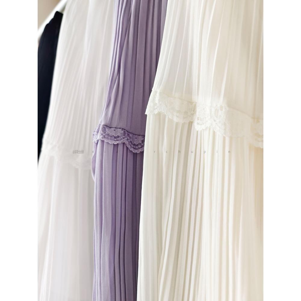 Dimanaf 2025 Summer Women New Skirts Chiffon Solid Lace Pleated Elastic Waist Mesh Elegant Skirts