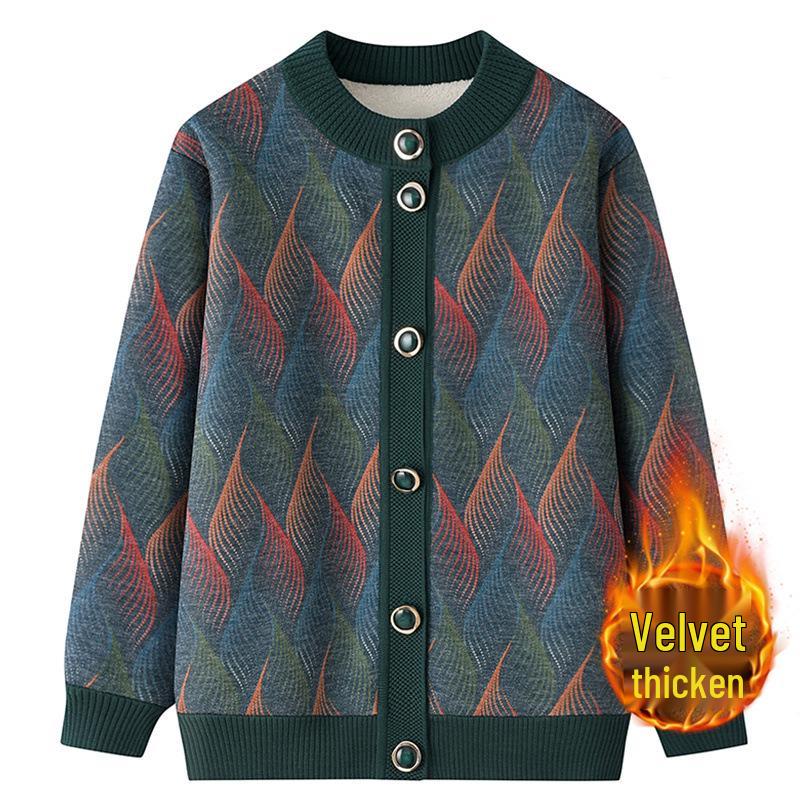 Women's Fleece-Lined Knitted Cardigan - Warm Autumn Winter Jacket for Elderly Ladies