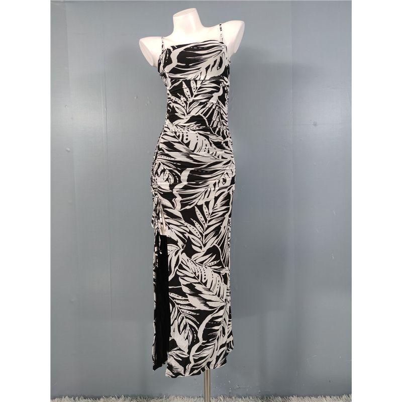 

French Style Elegance F Home Fall 2024 New Arrival Elastic Mesh Delicate Sling Drawstring Strap Split Dress Black and White (Slit on the Right) M