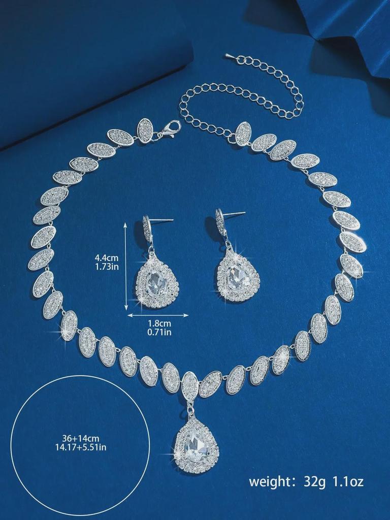 Elegant Diamond Earrings & Necklace Set - Luxury Jewelry for Ladies, Perfect for Dinner and Weddings, European & American Style.