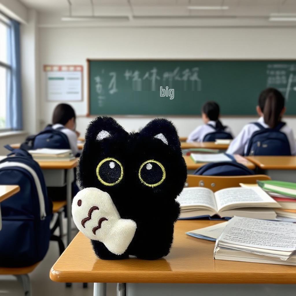 Очаровательный брелок-игрушка из черного кота с большими глазами и подвеской-рыбкой