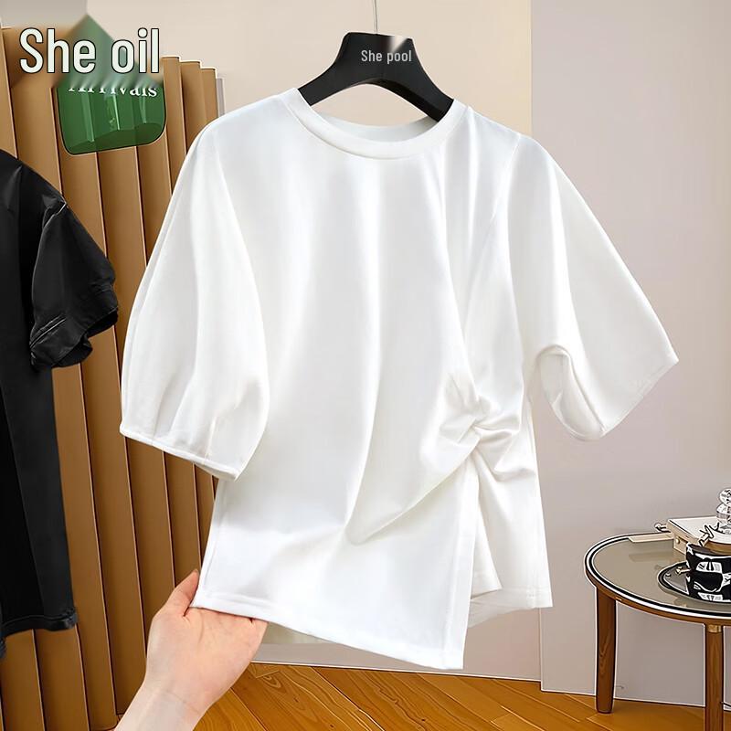 Women s 2025 Summer Pleated Slit Short-Sleeve Crew Neck T-shirt L