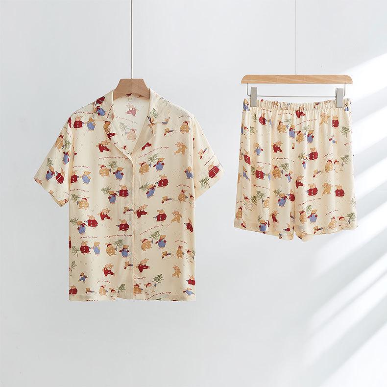 Damen Weihnachts-Satin-Pyjama-Set mit Kaninchen-Print - Kurzarm & Shorts