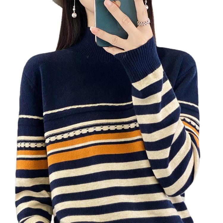 Γυναικεία μόδα casual ρίγες φθινοπωρινά χειμωνιάτικα μακρυμάνικα πουλόβερ με μισό ζιβάγκο