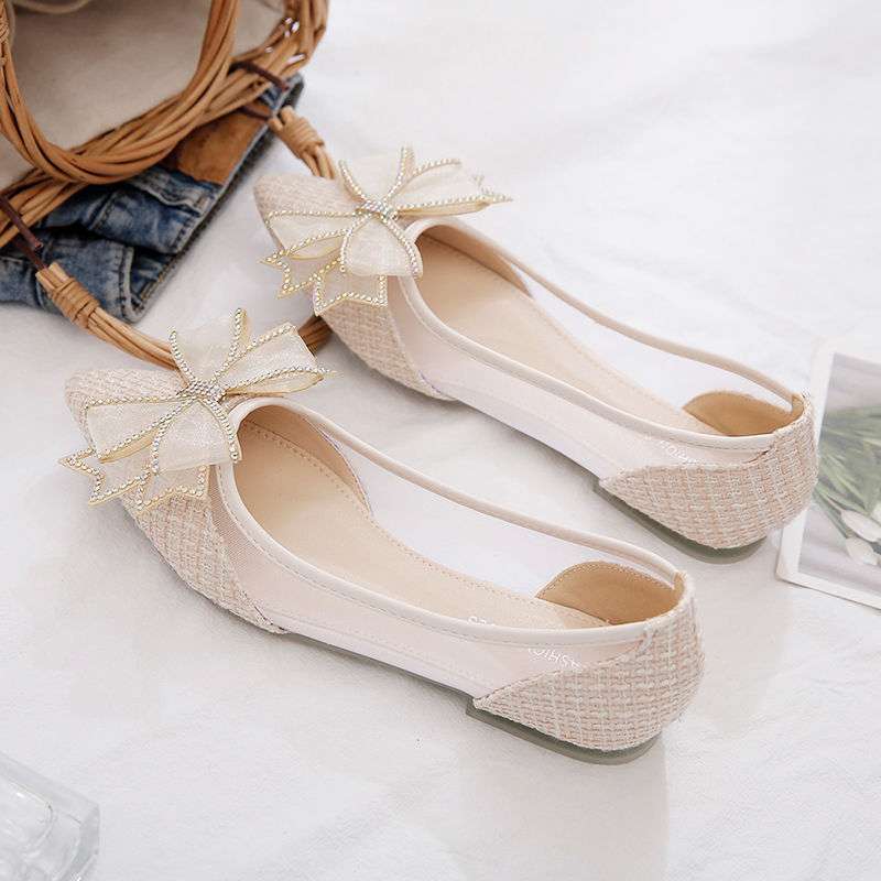 Summer new flat bottom breathable shallow mouth women's single shoes pointed bow student with skirt Doudou shoes hollow ladyshoes