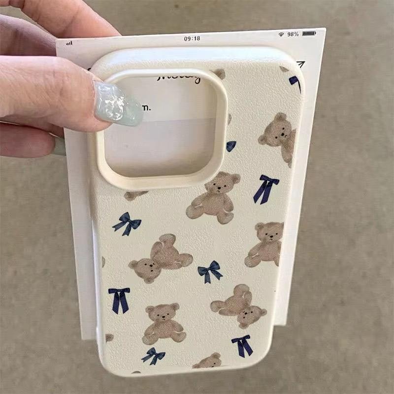 Cute Little Bear Bow Pattern Lychee Phone Case For iPhone 17 Pro Max 11 12 13 14 15 16 Pro 17 Air 15 Plus X XS XR 16E Soft Cover