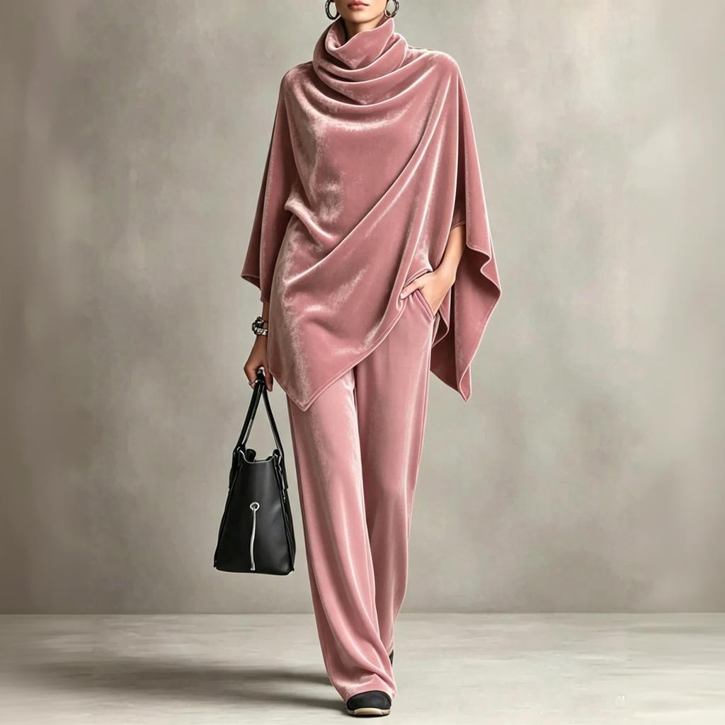 Women's Two Piece Outfit with Cowl Neck Cape Top and Wide Leg Pants, Soft Set for Fall Winter
