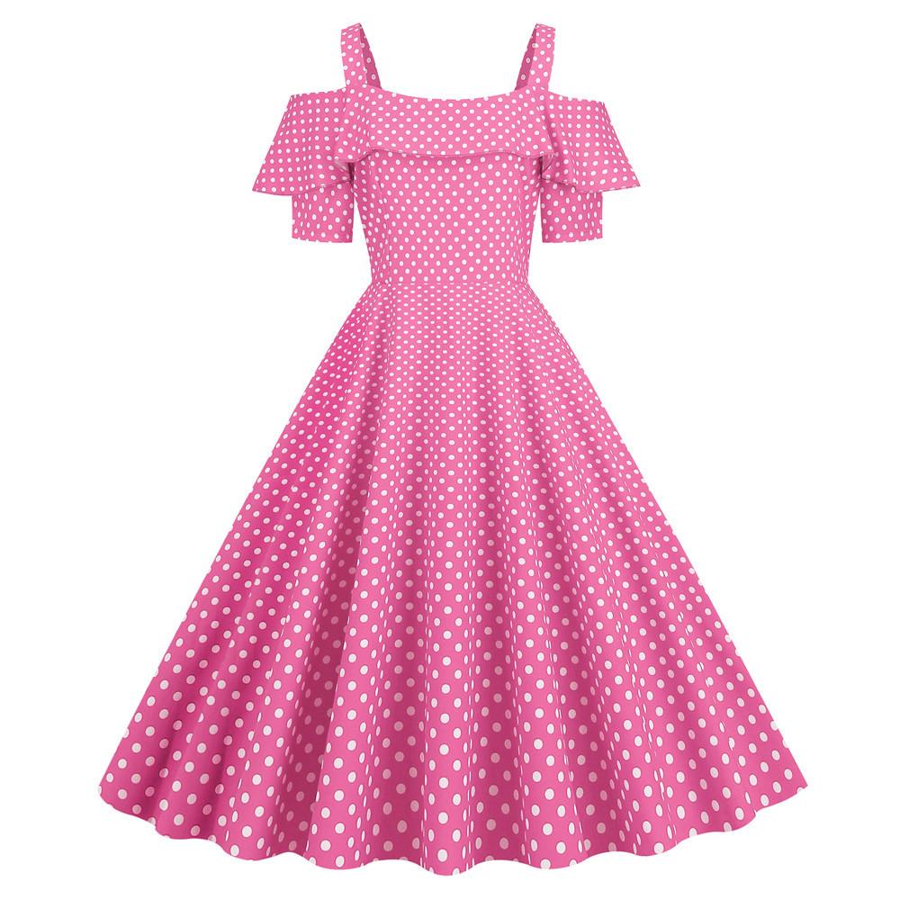 Women s Halter-neck Ruffled Short-sleeved Polka Dot Vintage Casual Dress For Summer L