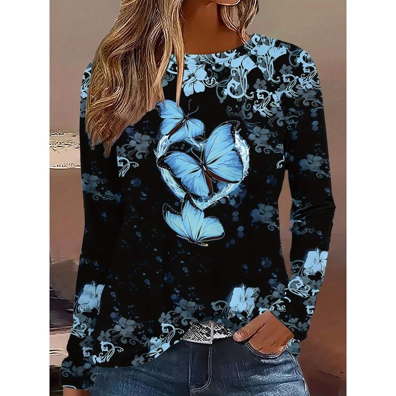 Top cu Imprimeu Floral Imprimat 3D Tricouri Casual cu Mânecă Lungă pentru Femei - Material Moale din Poliester cu Elasticitate Medie Haine cu Croială Relaxată pentru Primăvară și Toamnă