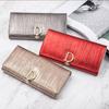 Women Long Wallet Genuine Leather Purse Striped Bifold Cowhide Money Bag Wrist Clutch
