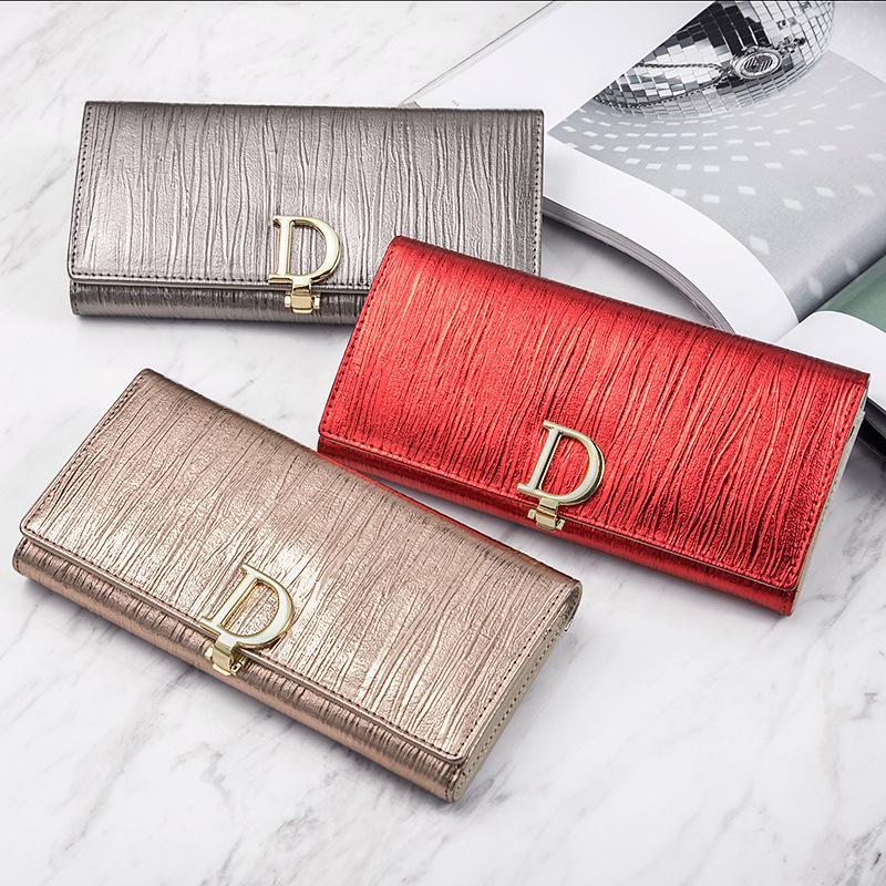 Women Long Wallet Genuine Leather Purse Striped Bifold Cowhide Money Bag Wrist Clutch
