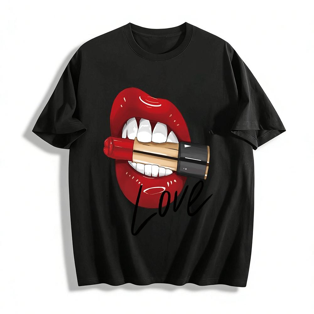 Vintage Red Lip Biting Lipstick Love Print Tee Trendy Cool Girl Top Pure cotton T-shirt XXS