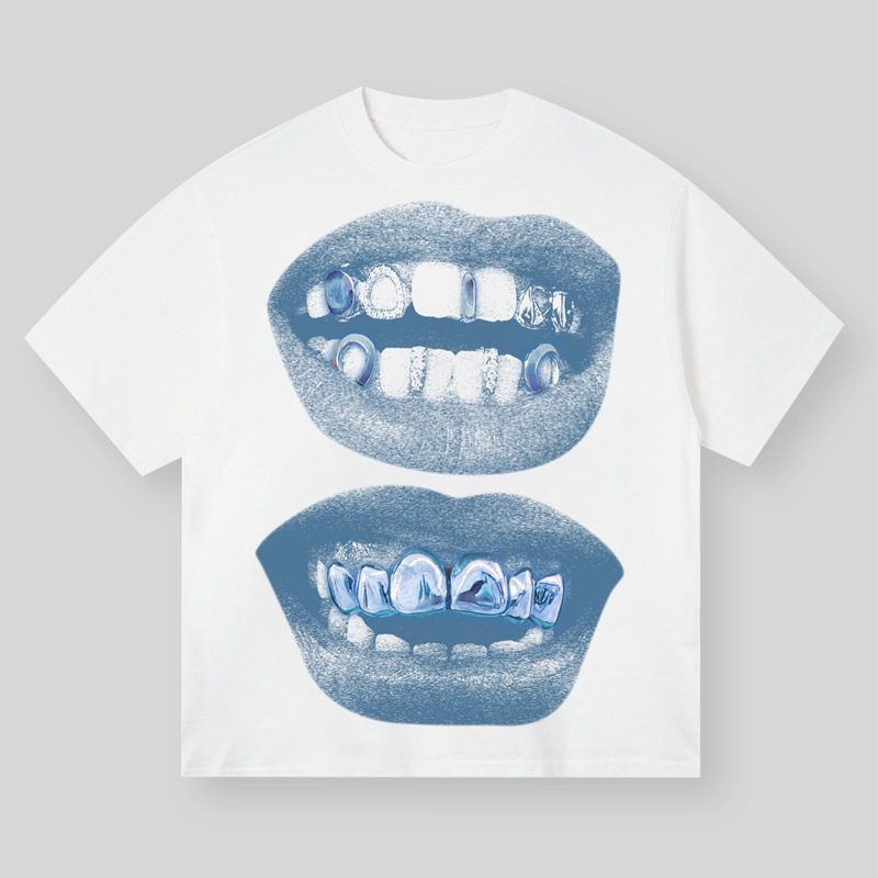 Tooth Drill Mouth Trendy Brand Short Sleeve Loose Hip Hop Street Casual Couple T-shirt Fun Creative TEE Men's Top