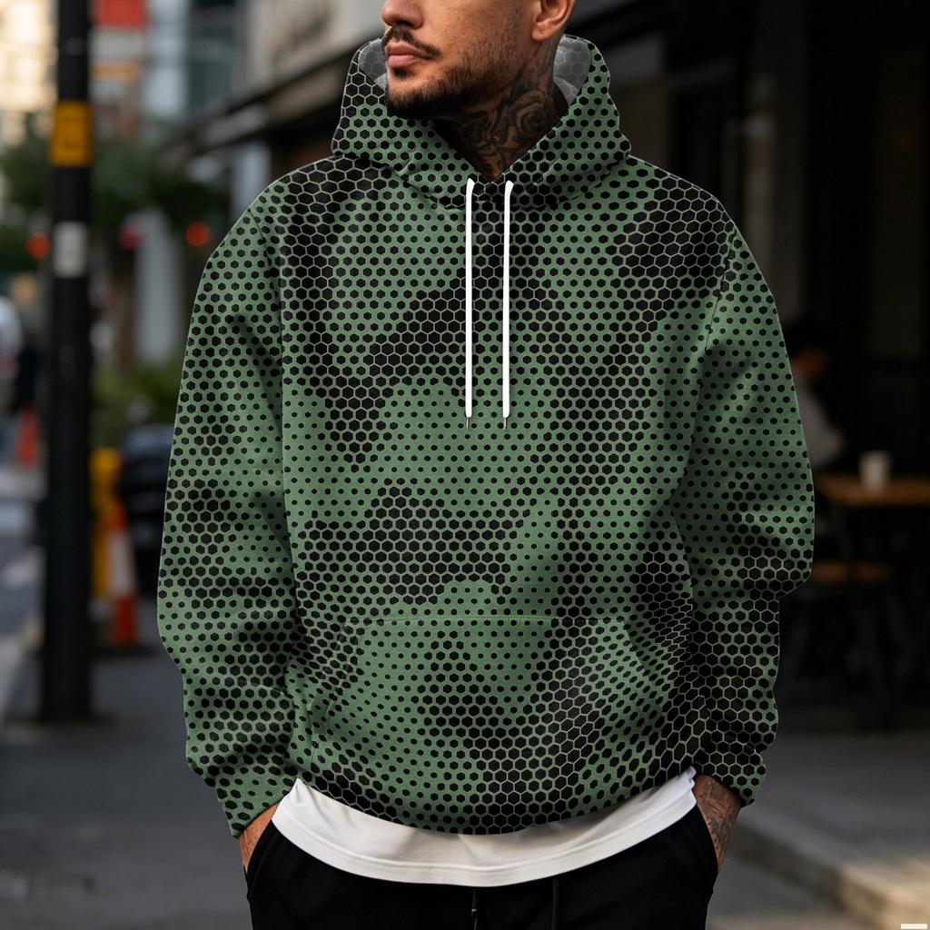 Men's Casual Hoodie with Retro Patchwork Print and Single Pocket