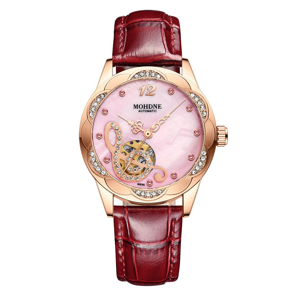 Orologio da donna con temperamento di lusso leggero, orologio meccanico automatico da donna, impermeabile, con cinturino rosso