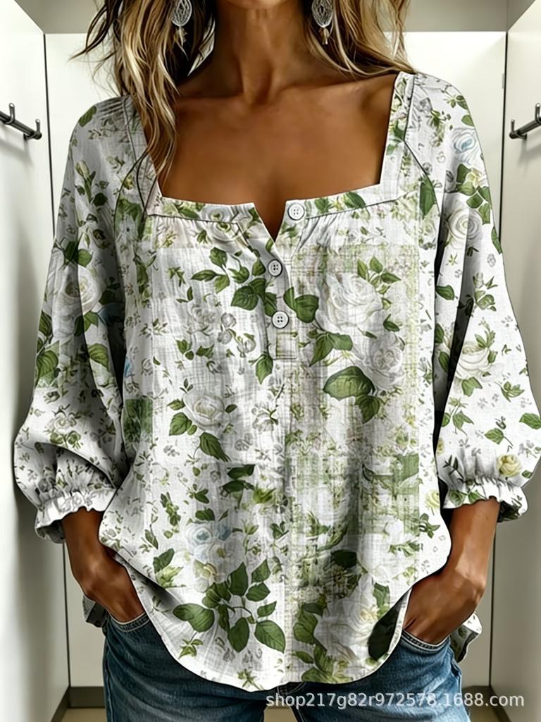 New Xiyin Summer T-Shirt Women's Printed Square Neck Button Bubble Sleeve Women's Top Women's