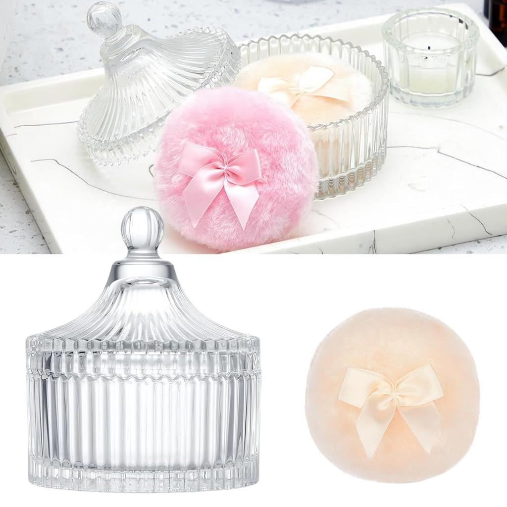 3 Pieces Multipurpose Extra Large Body Powders Puff Set with Glass Storage Container for Makeup and Beauty Tool