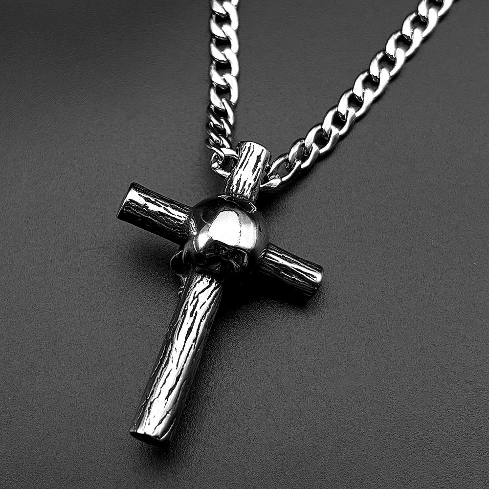 Gothic Stainless Steel Skull Wood Textured Cross Pendant Necklace For Men Women Punk Hip Hop Silver Color Chain Party Jewelry