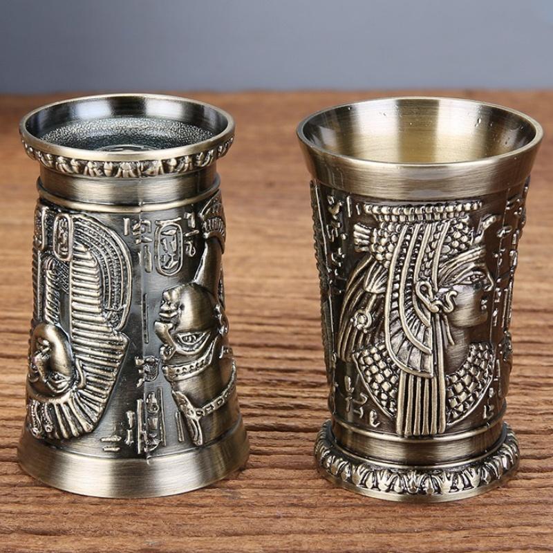 Vintage Grail, Alloy Relief Carved Pharaoh Drinking Tumbler, European Portable Mini Vodka Cup, Wine Cabinet Home Decoration,1pcs
