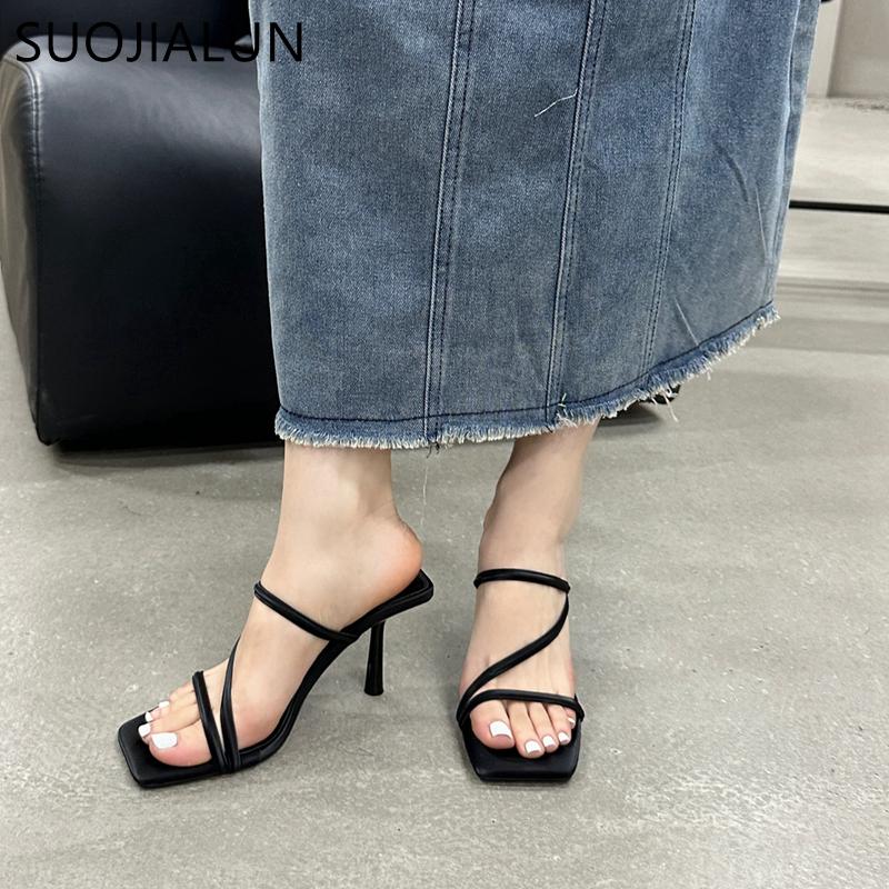 Fashion SUOJIALUN 2024 Summer New Brand Women Slipper Fashion Narrow Band Ladies Elegant Sandal Shoes Thin High Heel Dress Slides Pumps