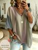 Plus Size Women's Casual V-neck Three-quarter Sleeves, Colorful Retro Rainbow Gradient Stripes, Bright and Eye-catching Holiday Style Tops