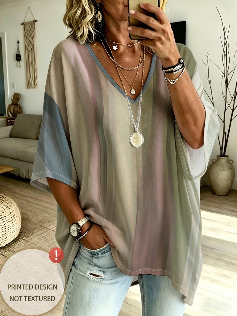 Plus Size Women's Casual V-neck Three-quarter Sleeves, Colorful Retro Rainbow Gradient Stripes, Bright and Eye-catching Holiday Style Tops