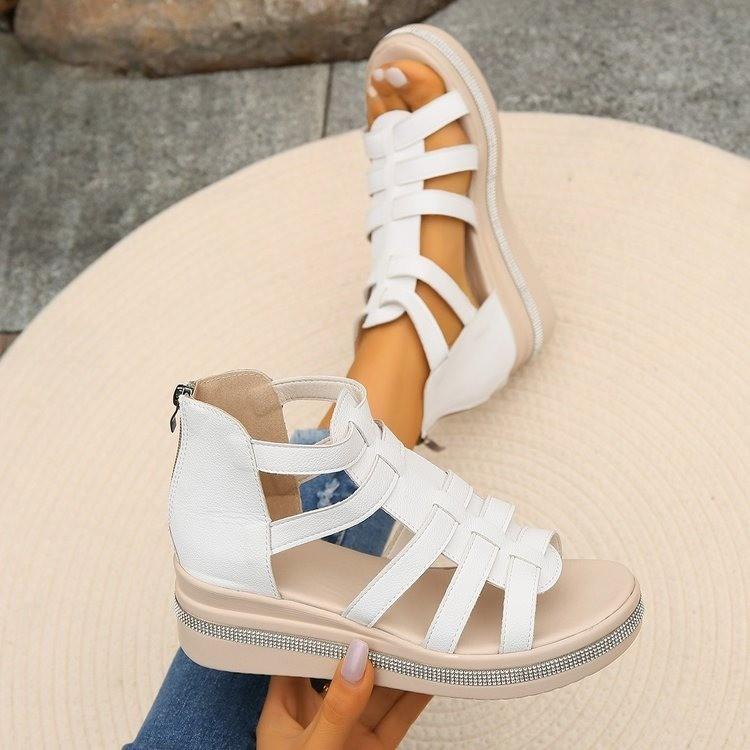 new summer sandals women's soft leather wedge heel rhinestone platform Roman sandals elegant hollow fashion women
