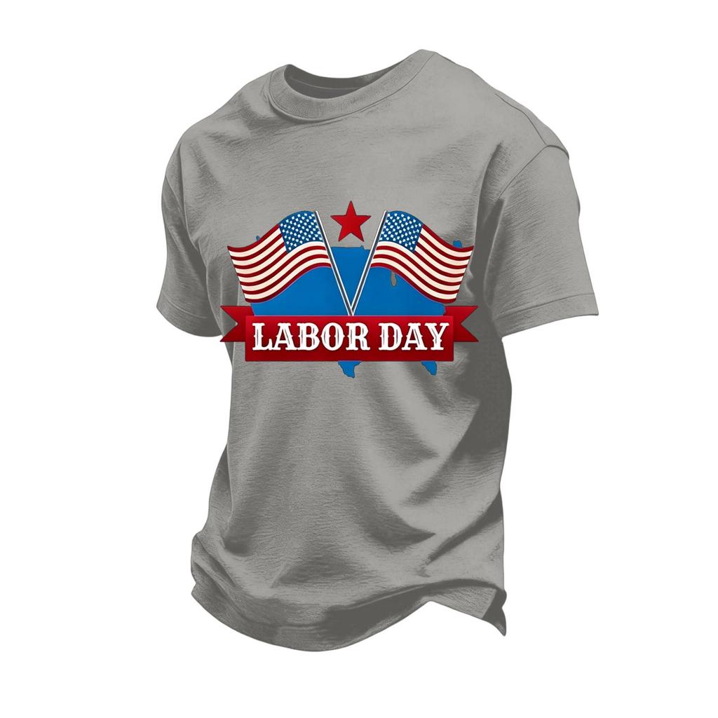 Men's Loose Fit Short Sleeve Casual T-Shirt Labor Day Printed Crew Neck Cotton Blend Top for Everyday Wear