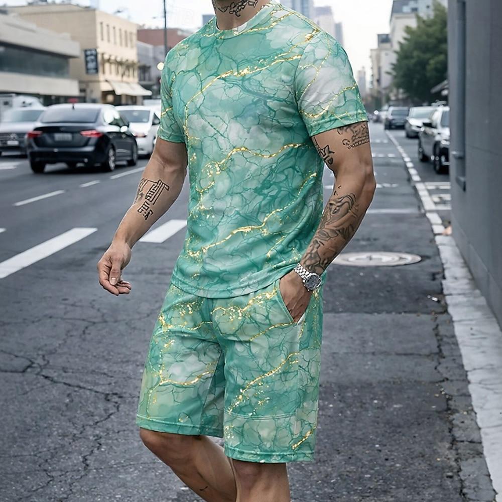 Men's Marble 2pcs Tees sets Summer Tops ShortNeck Sport Casual Trendy Outdoor Vacation Going out 3D Print Summer Blue Purple Green