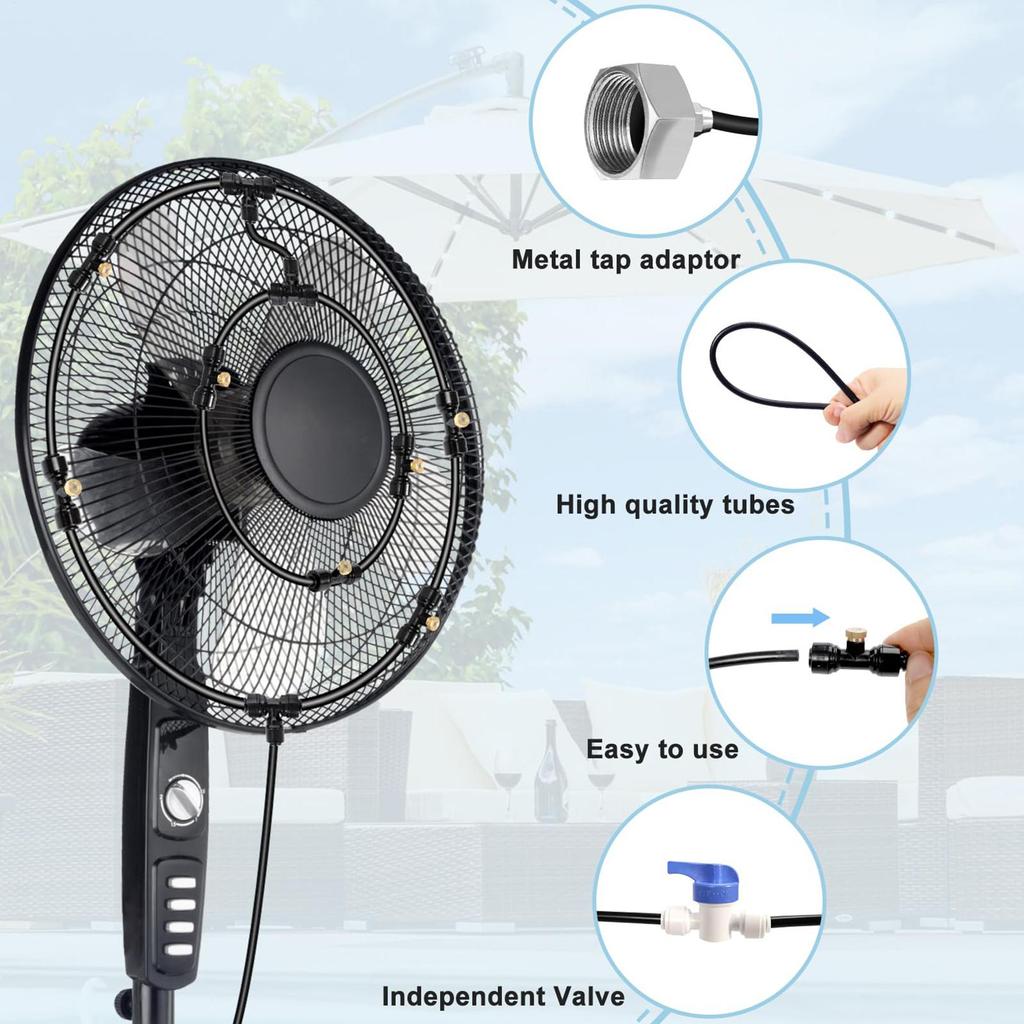 Sistema di raffreddamento a nebulizzazione per ventilatori da esterno Kit ugelli per ventilatore a nebbia Spruzzatore d'acqua Nebulizzatore per ventilatore con 6 ugelli rimovibili Acqua