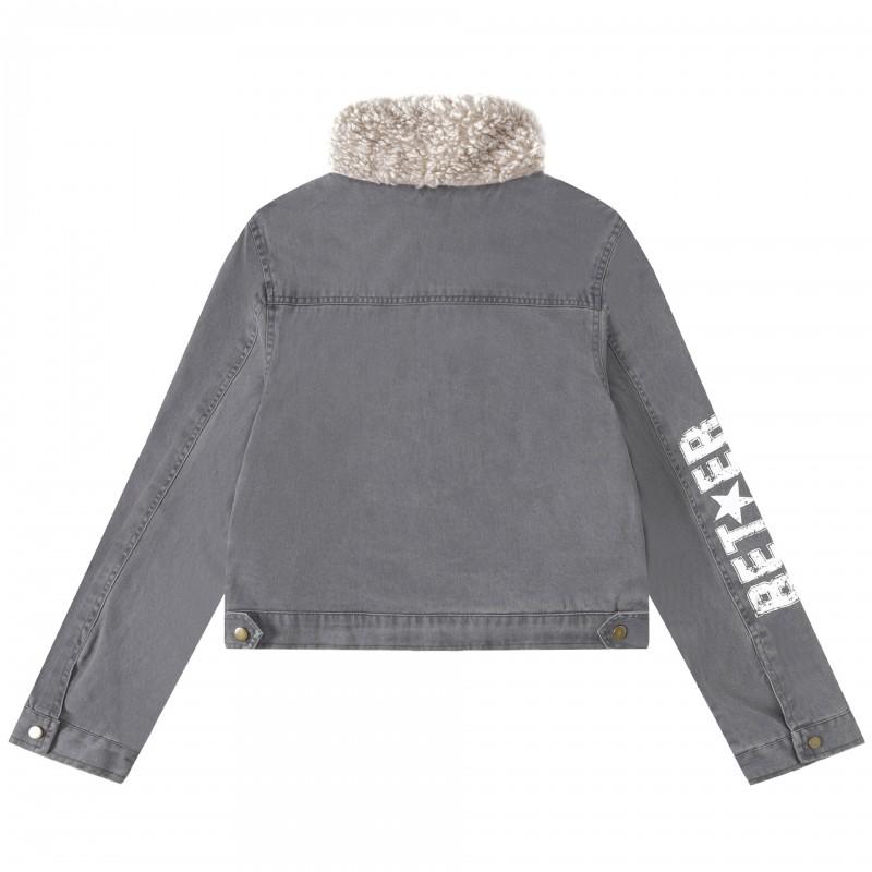 Unisex Retro Denim Jacket With Fleece Collar Print Patchwork Loose Fit Fall Outerwear Teens Adults